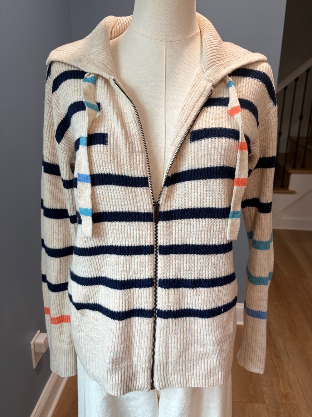 Nic + Zoe Striped Zip Front Hooded Sweater Cardigan XS Cotton Blend